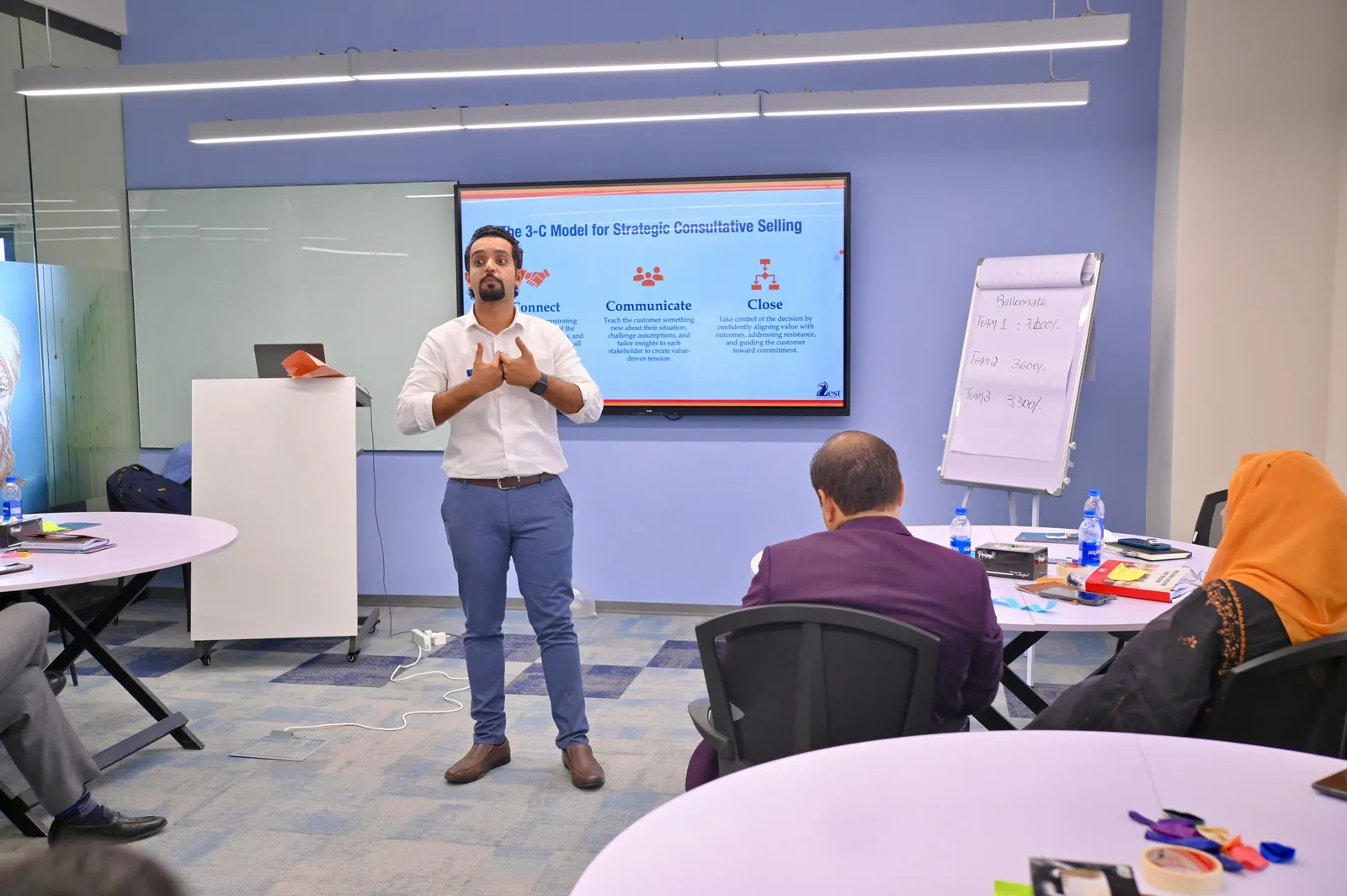 Zain Goplani presenting the 3-C Model for Strategic Consultative Selling: Connect, Communicate and Close
