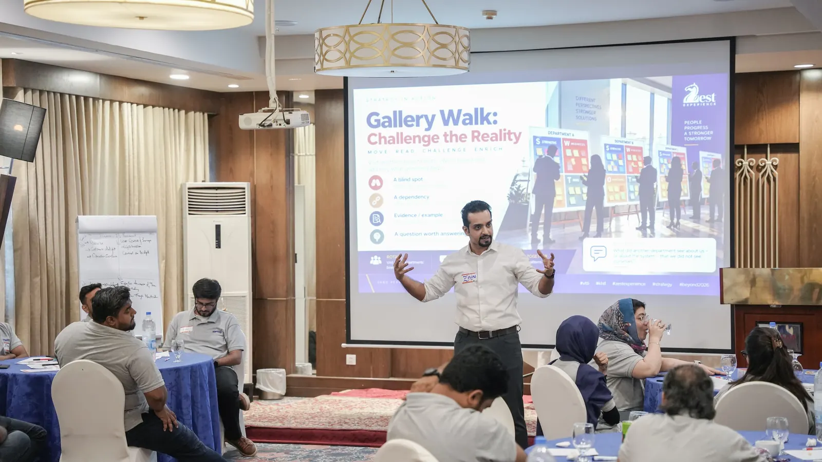 Facilitator guiding a Gallery Walk where leaders review each other's strategy work